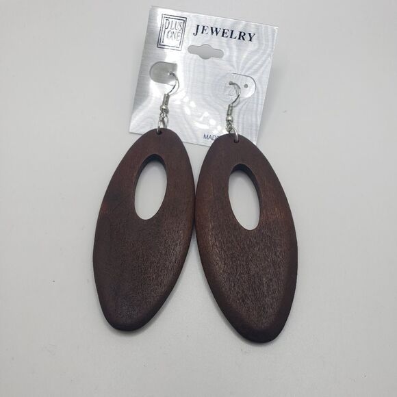 Dark Brown Wood Oval Shape Long Boho Style Earrings - Picture 1 of 5